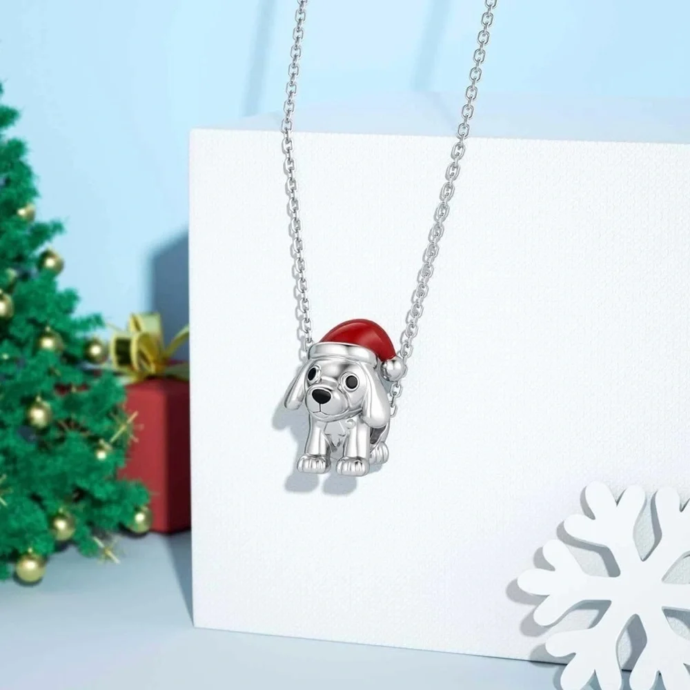 Sterling silver Dog puppy Christmas hat charm for Pandora bracelet or necklace